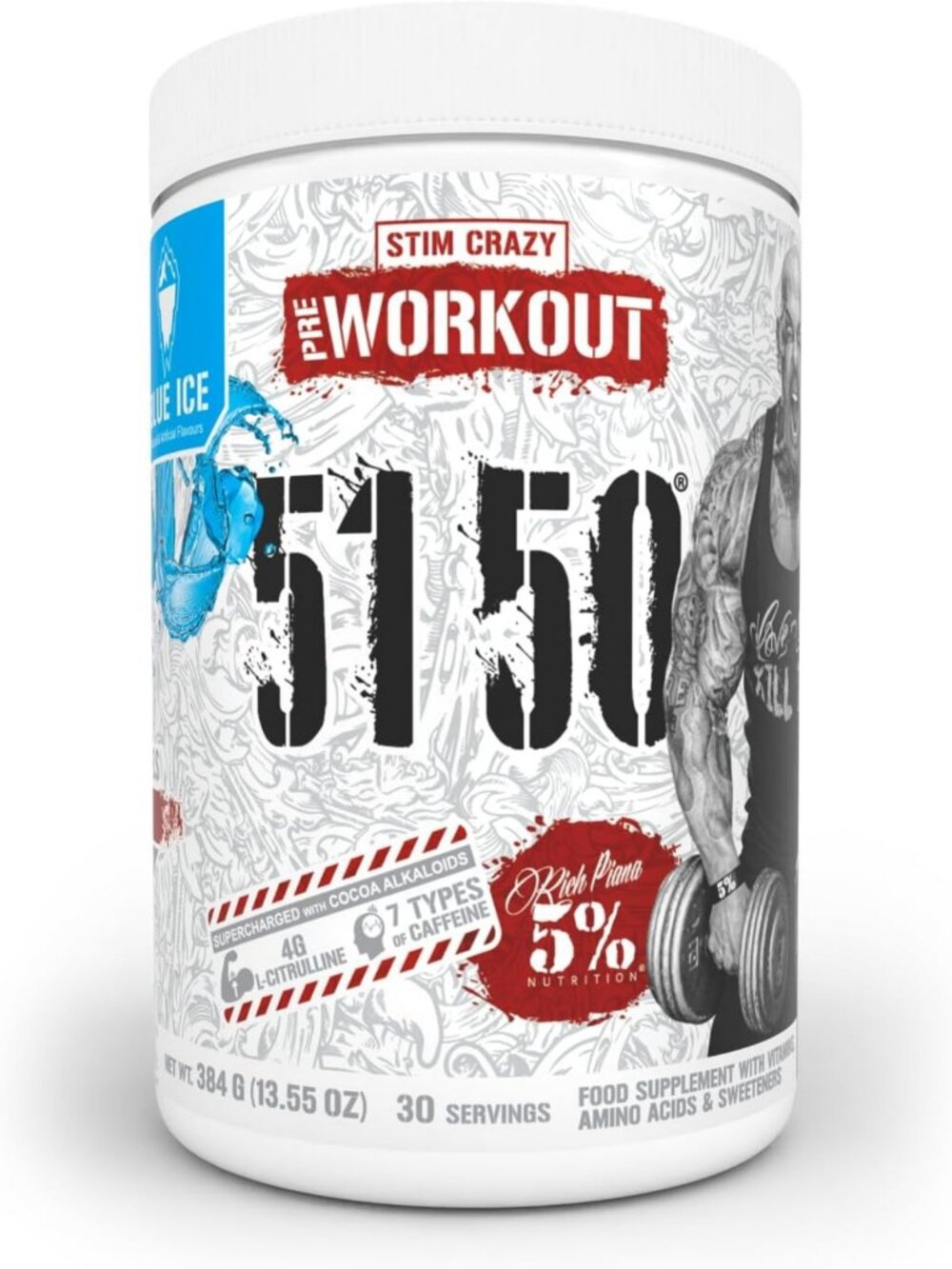 High-Stim Pre Workout Powder - 5% Energy Boost, Blue Ice Flavor, 30 Servings